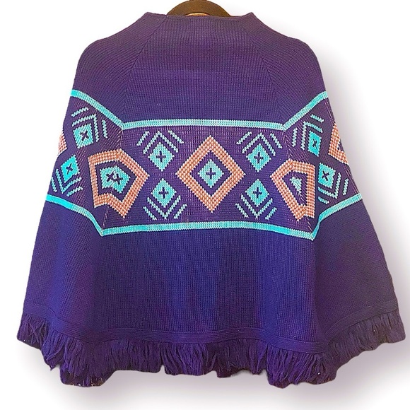 Vintage Geometric Knit Shawl Cardigan Poncho OS - Picture 2 of 6